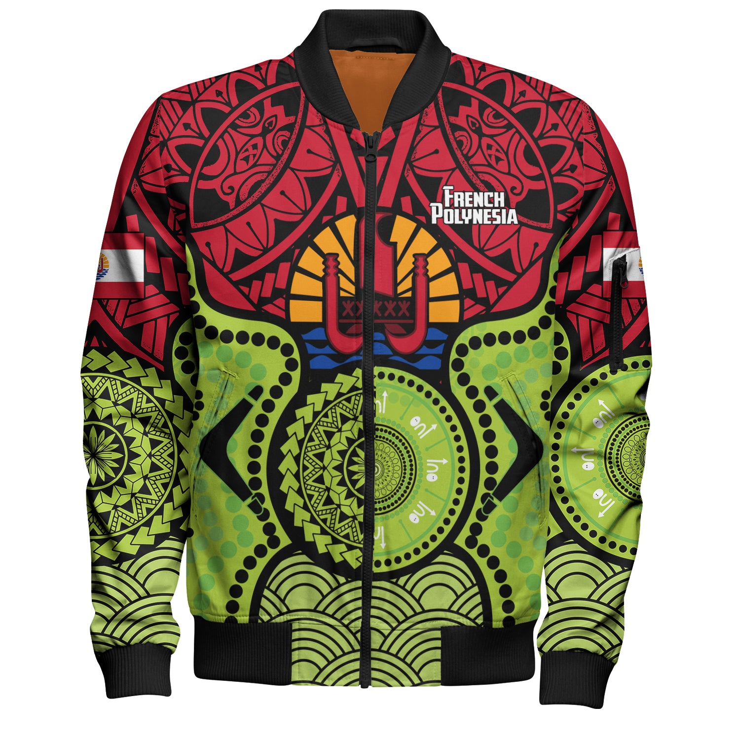 French Polynesia Bomber Jacket Native Polynesian Mix Aboriginal Patterns