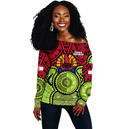 French Polynesia Off Shoulder Sweatshirt Native Polynesian Mix Aboriginal Patterns