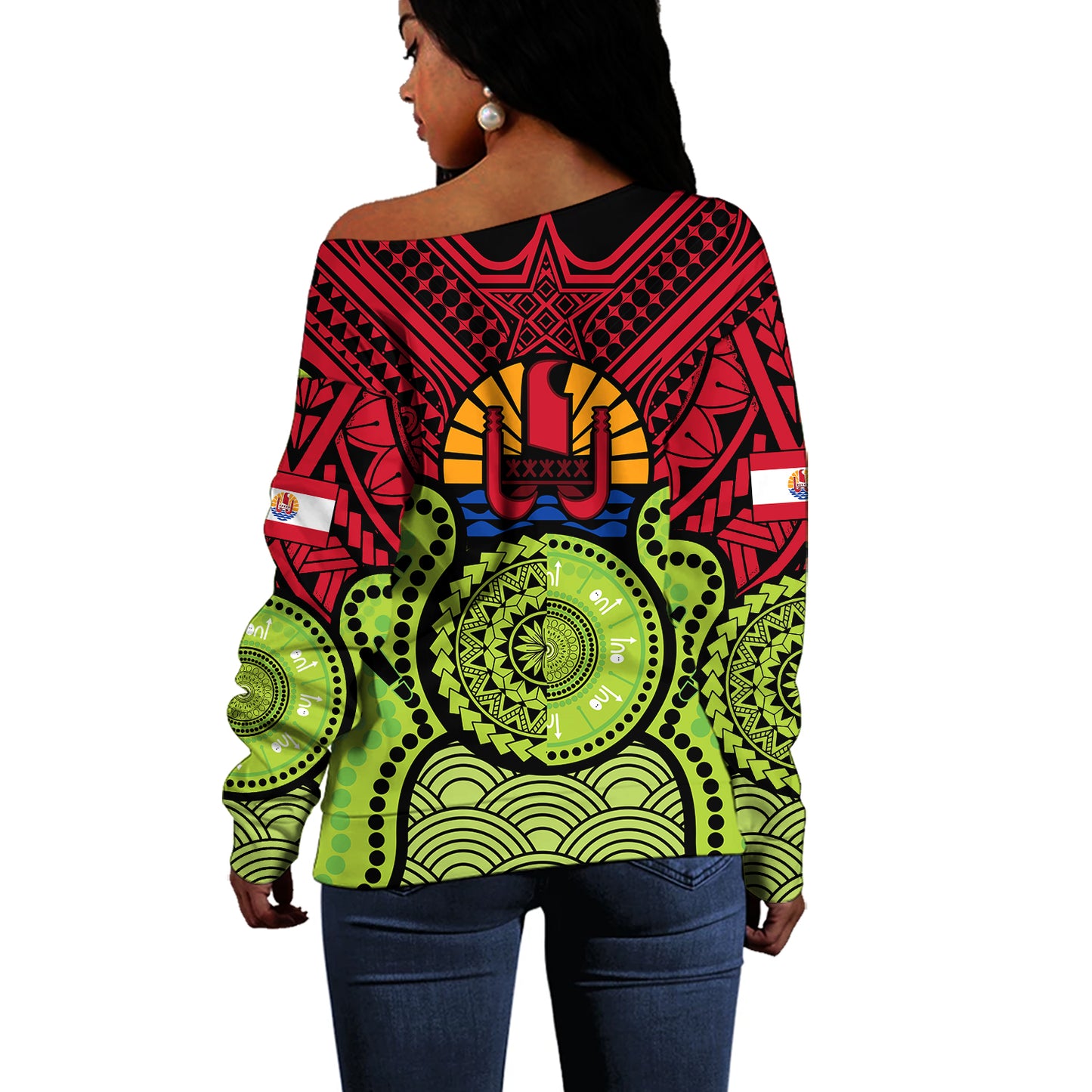 French Polynesia Off Shoulder Sweatshirt Native Polynesian Mix Aboriginal Patterns