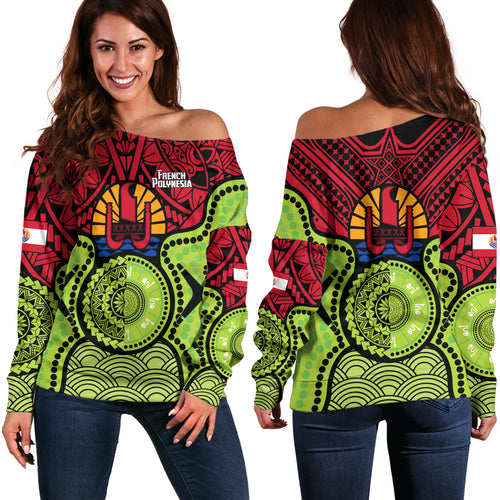 French Polynesia Off Shoulder Sweatshirt Native Polynesian Mix Aboriginal Patterns