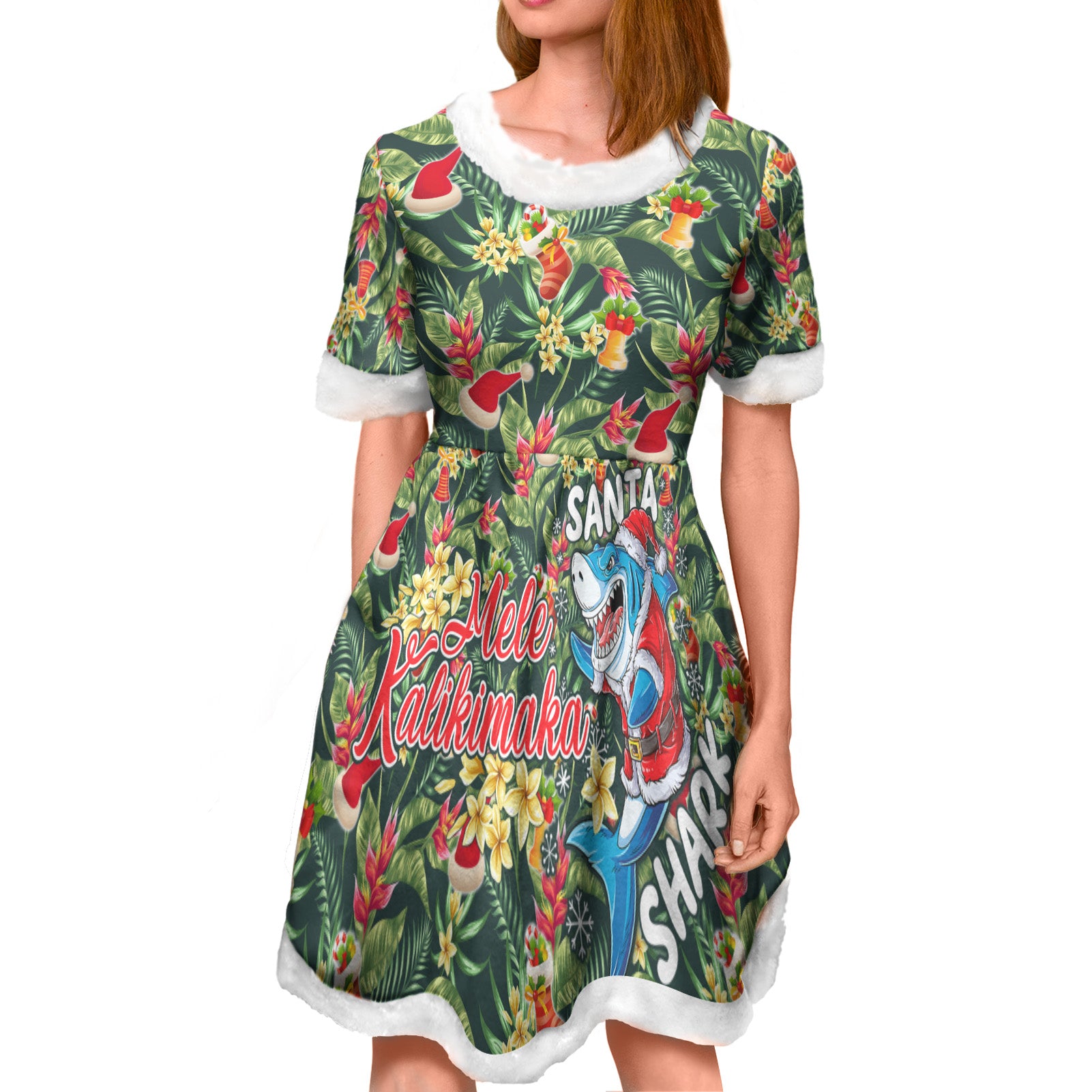 Hawaii Women and Kid Christmas Dress Mele Kalikimaka Santa Shark Tropical Style