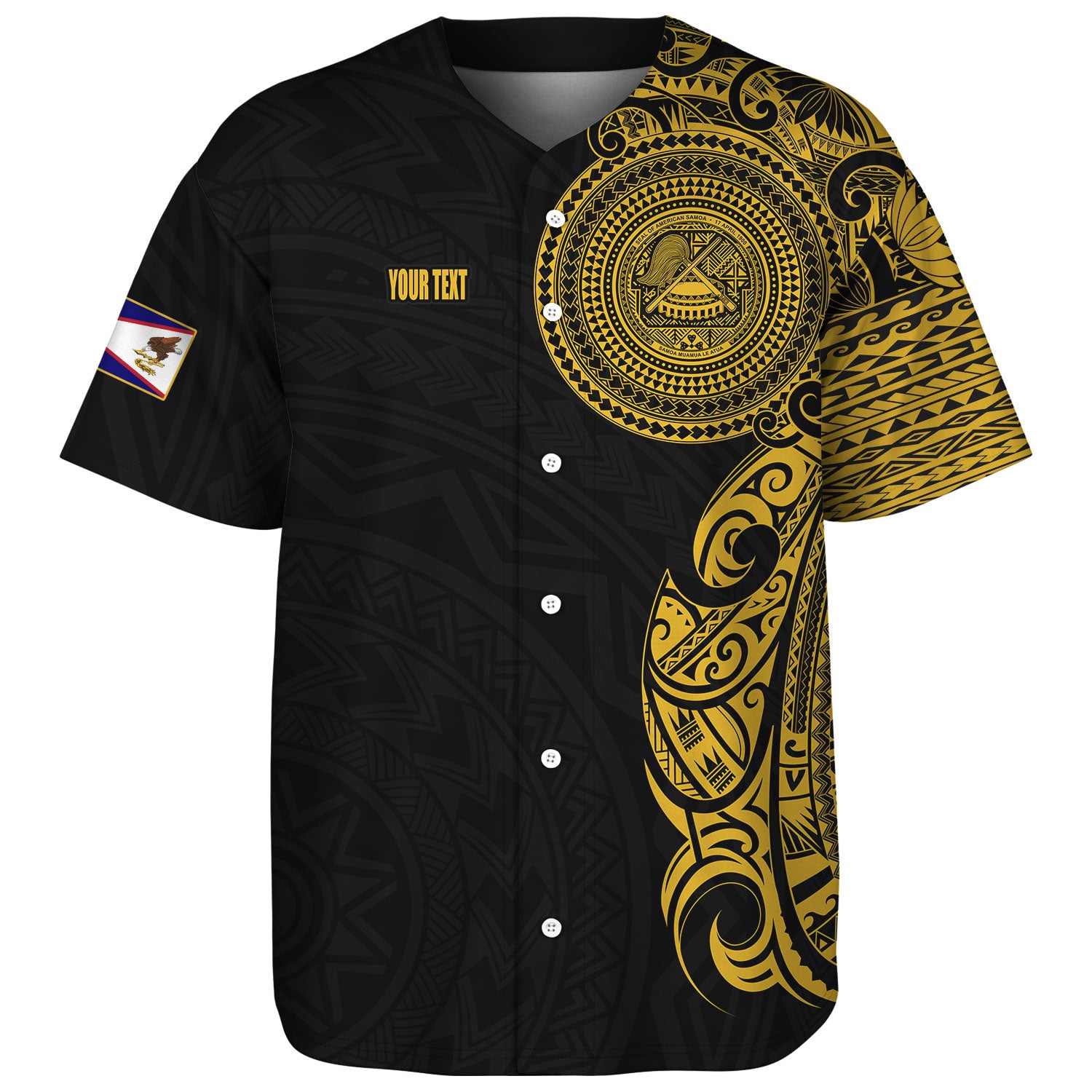 American Samoa Baseball Shirt Custom Polynesian Half Sleeve Gold Tattoo With Seal Black