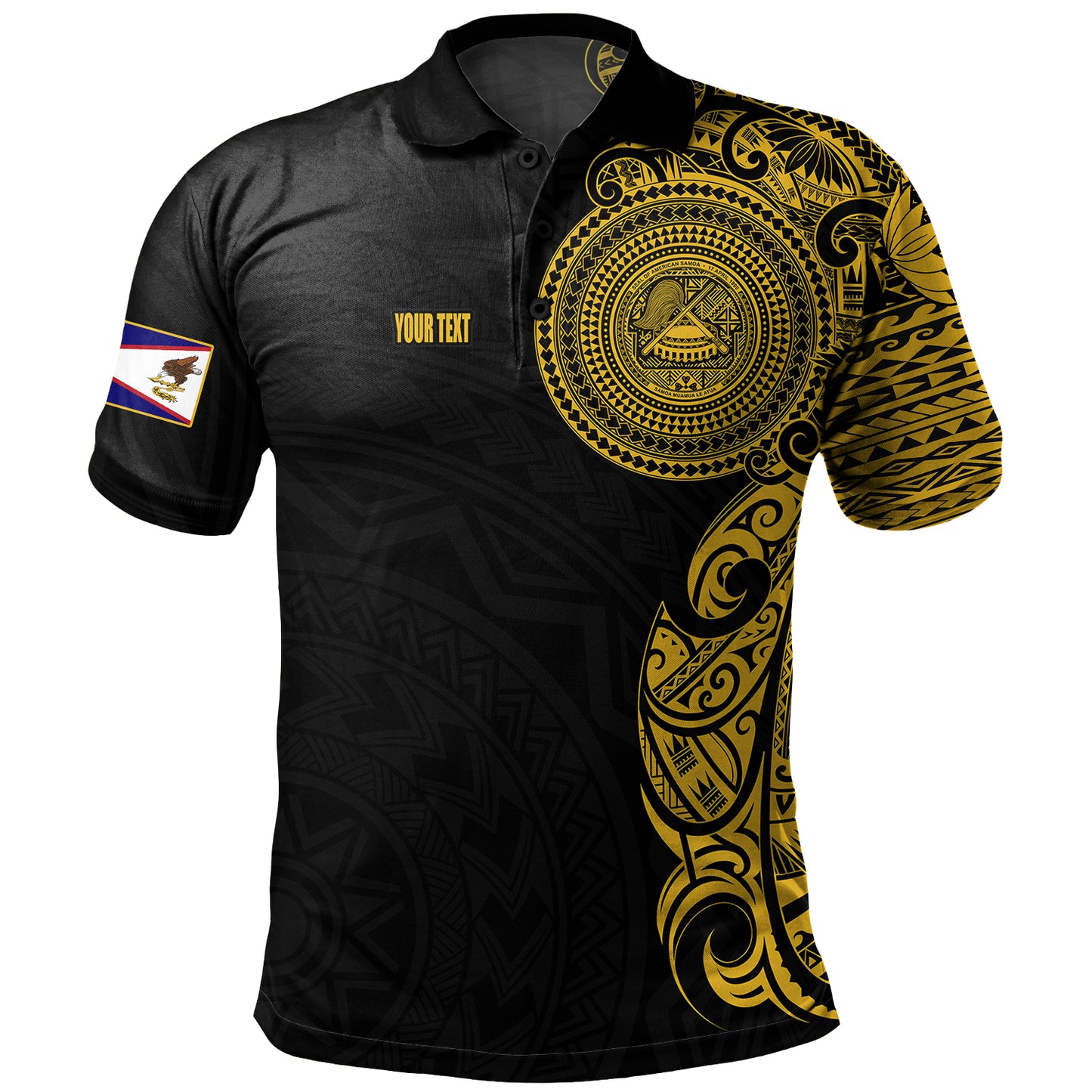 American Samoa Polo Shirt Custom Polynesian Half Sleeve Gold Tattoo With Seal Black