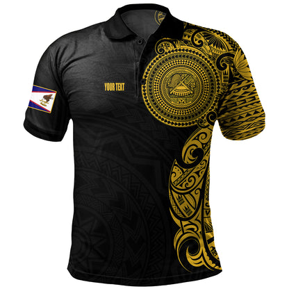 American Samoa Polo Shirt Custom Polynesian Half Sleeve Gold Tattoo With Seal Black