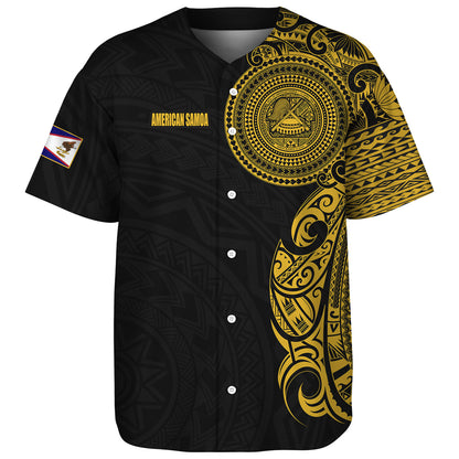 American Samoa Baseball Shirt Custom Polynesian Half Sleeve Gold Tattoo With Seal Black