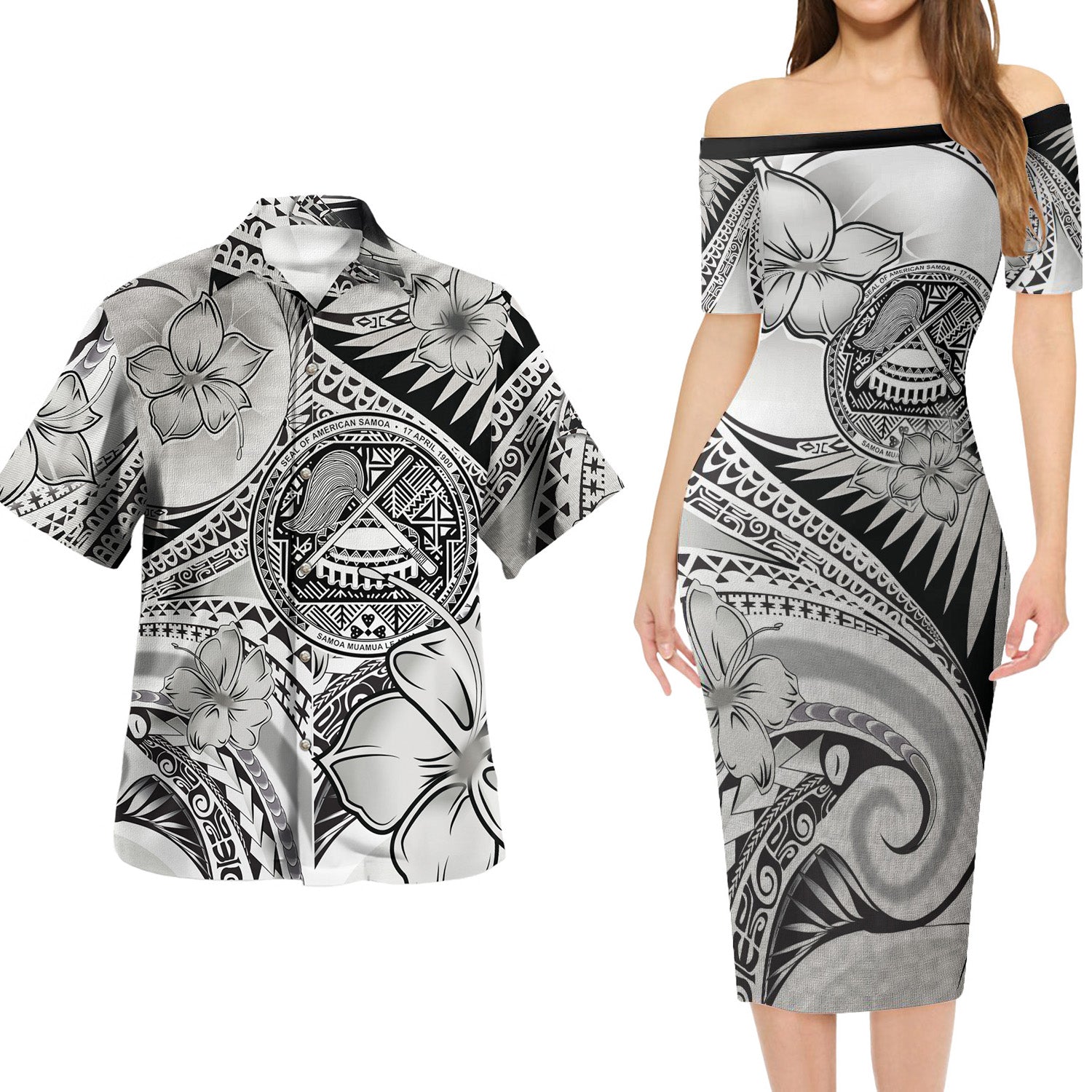 American Samoa Combo Short Sleeve Dress And Shirt Polynesian Tribal Waves Patterns Hibiscus Flowers