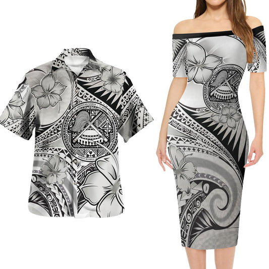 American Samoa Combo Short Sleeve Dress And Shirt Polynesian Tribal Waves Patterns Hibiscus Flowers