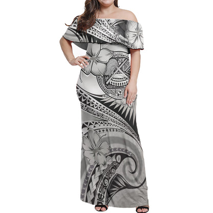 American Samoa Combo Off Shoulder Long Dress And Shirt Polynesian Tribal Waves Patterns Hibiscus Flowers