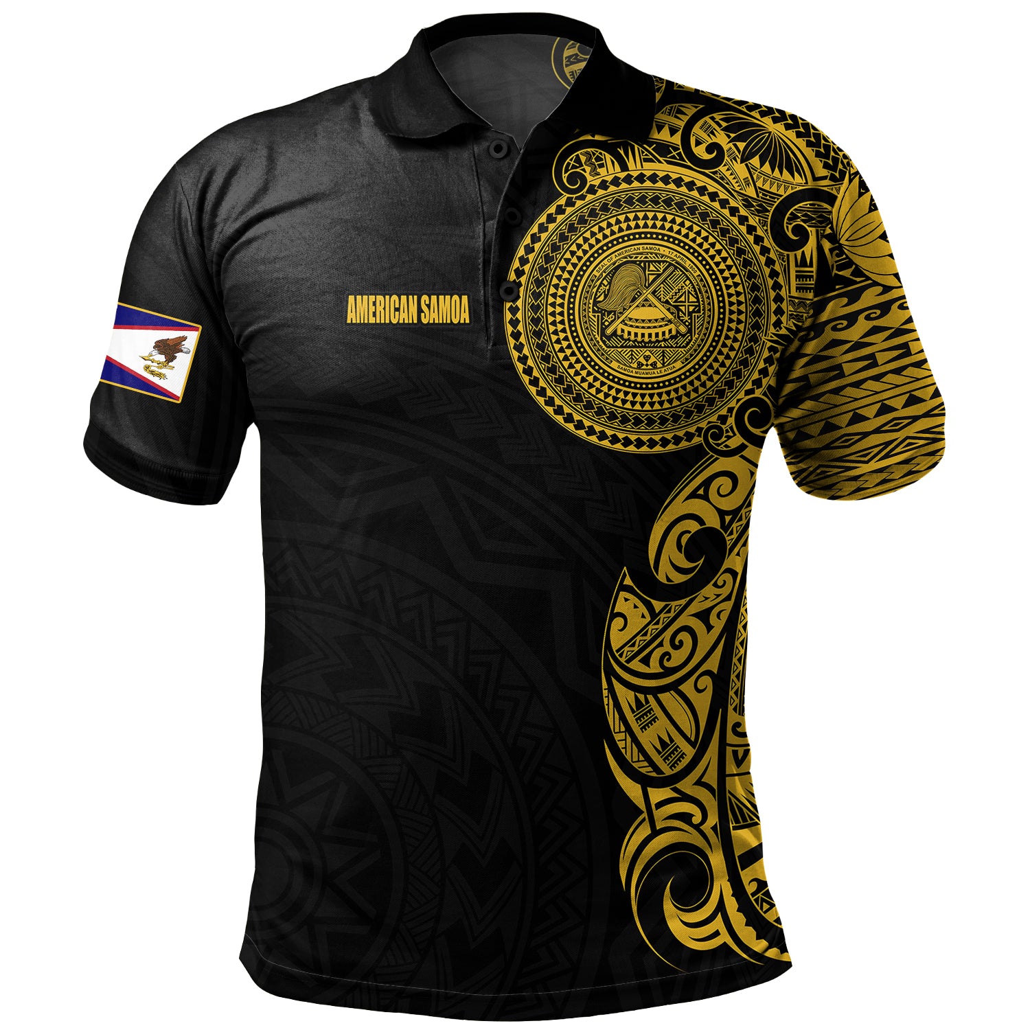 American Samoa Polo Shirt Custom Polynesian Half Sleeve Gold Tattoo With Seal Black