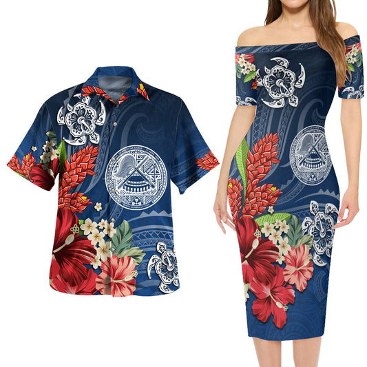 American Samoa Combo Short Sleeve Dress And Shirt  Flower And Turtle