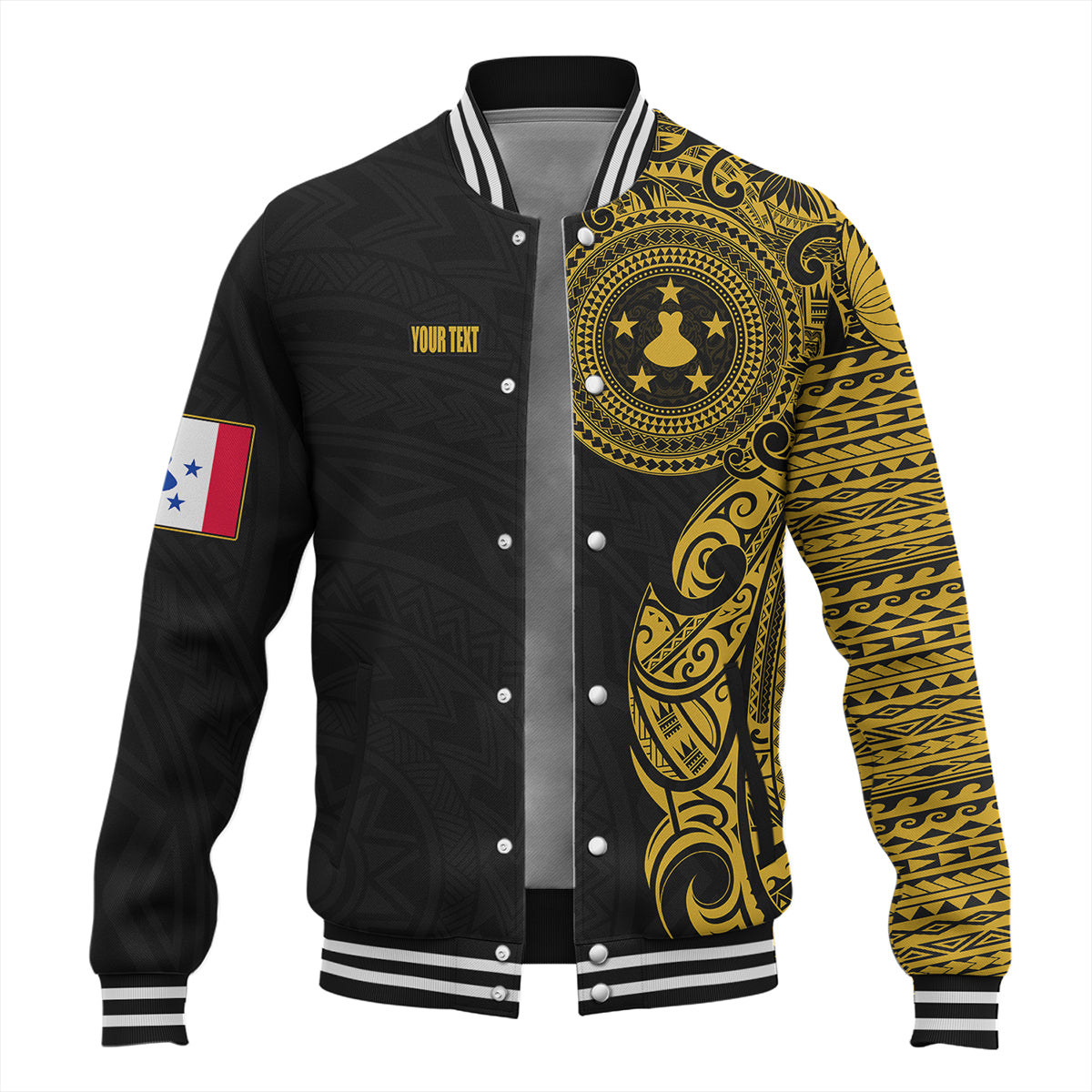 Austral Islands Baseball Jacket Custom Polynesian Half Sleeve Gold Tattoo With Seal Black