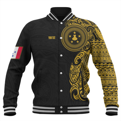 Austral Islands Baseball Jacket Custom Polynesian Half Sleeve Gold Tattoo With Seal Black