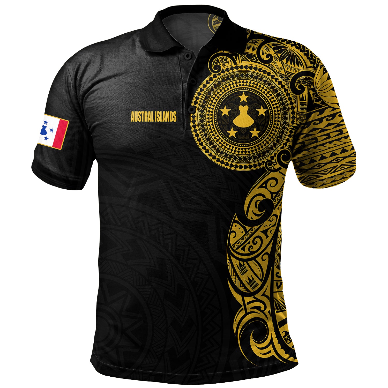 Austral Islands Polo Shirt Custom Polynesian Half Sleeve Gold Tattoo With Seal Black