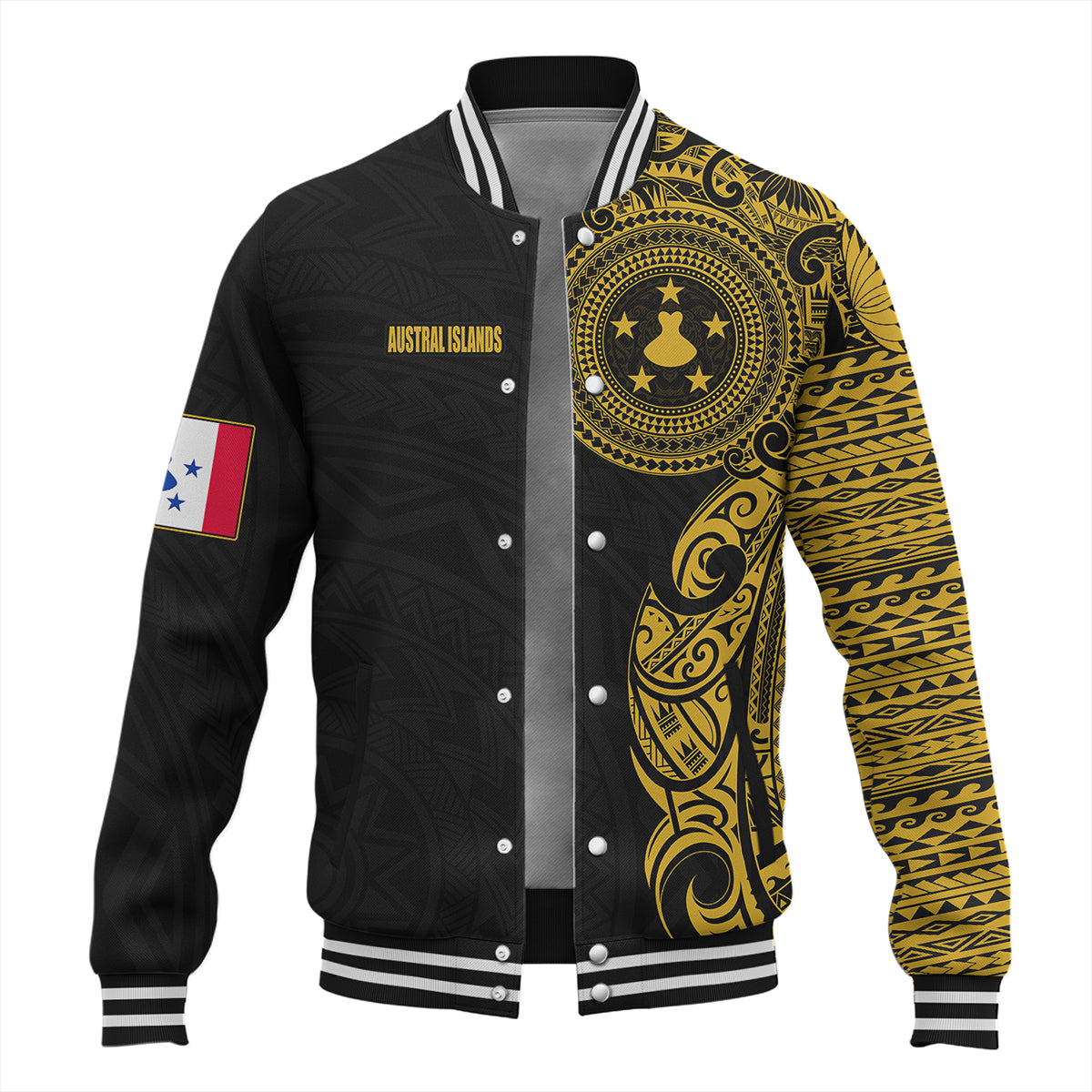 Austral Islands Baseball Jacket Custom Polynesian Half Sleeve Gold Tattoo With Seal Black