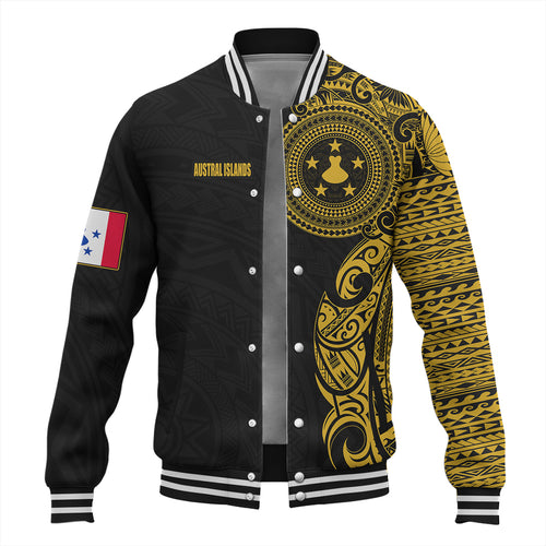 Austral Islands Baseball Jacket Custom Polynesian Half Sleeve Gold Tattoo With Seal Black