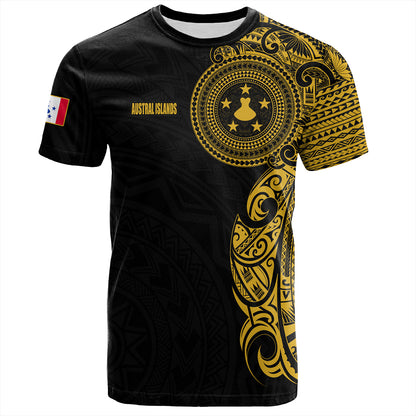 Austral Islands T-Shirt Custom Polynesian Half Sleeve Gold Tattoo With Seal Black