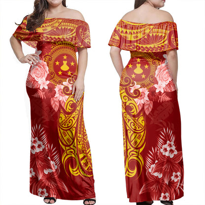 French Polynesia Off Shoulder Long Dress Polynesian Tropical Plumeria Tribal Red