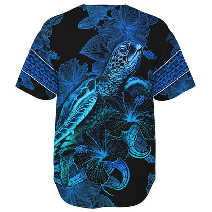 American Samoa Baseball Shirt Sea Turtle With Blooming Hibiscus Flowers Tribal Blue
