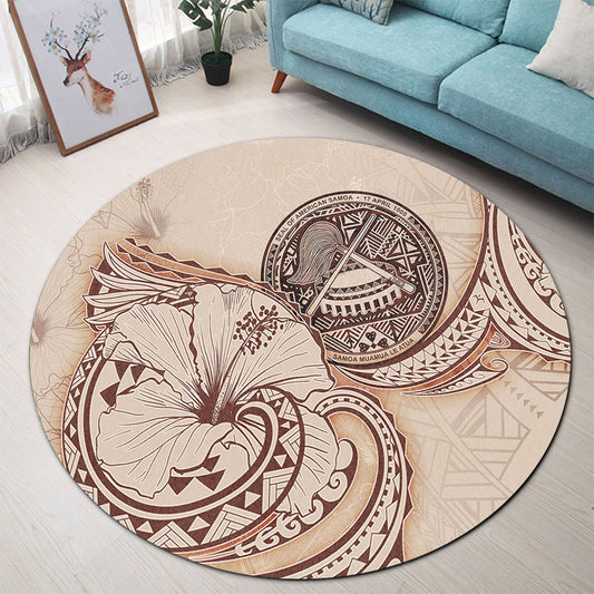 American Samoa Round Rug Hibiscus Flower Vintage Style