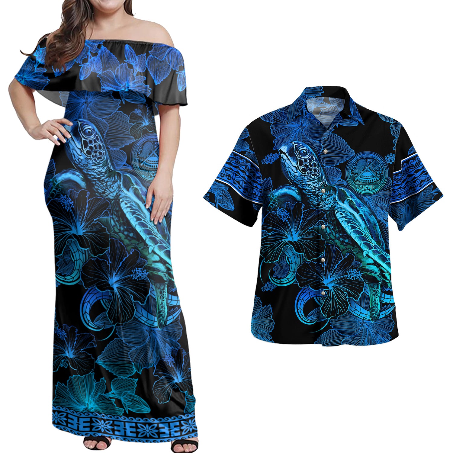 American Samoa Combo Off Shoulder Long Dress And Shirt Sea Turtle With Blooming Hibiscus Flowers Tribal Blue