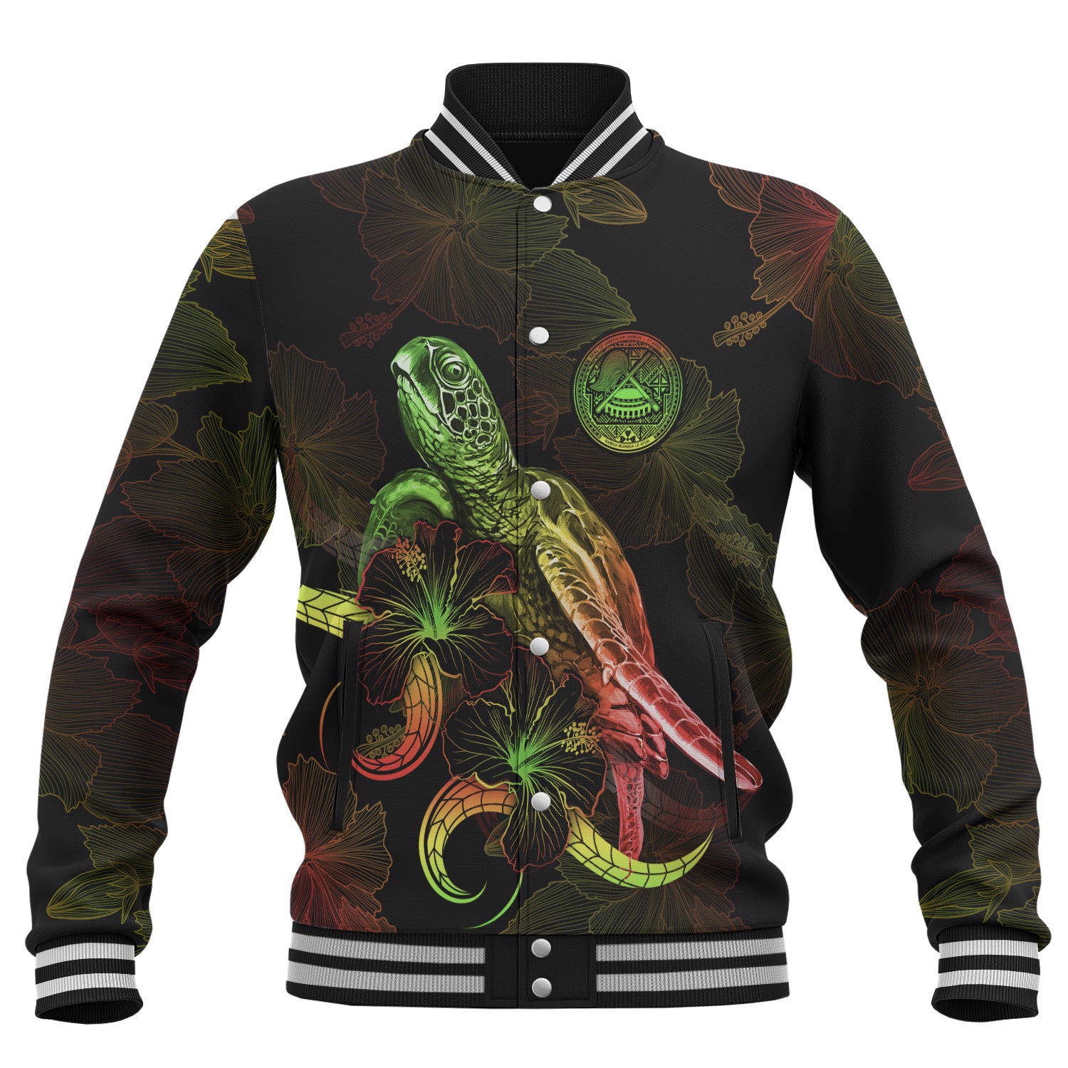 American Samoa Baseball Jacket Sea Turtle With Blooming Hibiscus Flowers Reggae