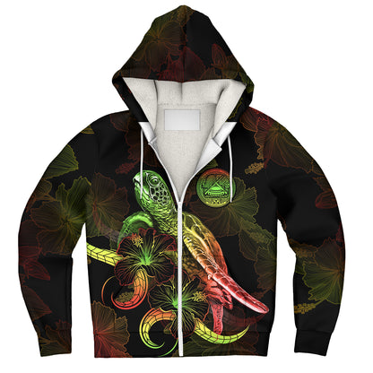 American Samoa Sherpa Hoodie Sea Turtle With Blooming Hibiscus Flowers Reggae