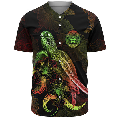 American Samoa Baseball Shirt Sea Turtle With Blooming Hibiscus Flowers Reggae