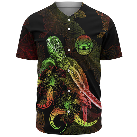 American Samoa Baseball Shirt Sea Turtle With Blooming Hibiscus Flowers Reggae