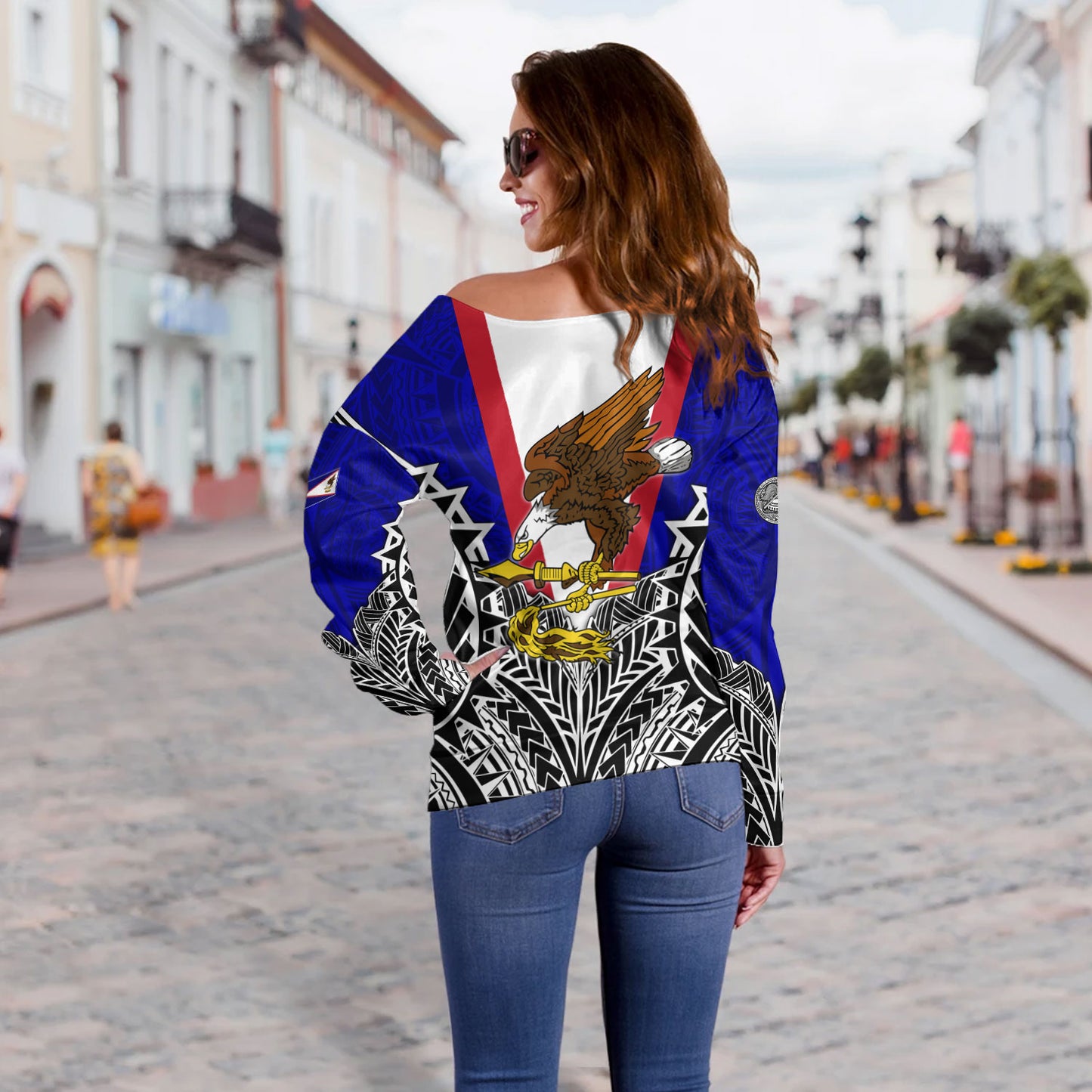 American Samoa Custom Personalised Off Shoulder Sweatshirt American Samoa Flag With Eagle Style