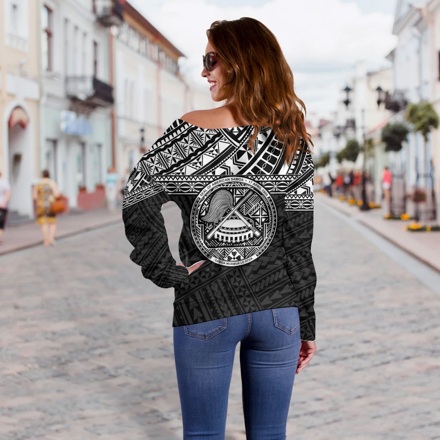 American Samoa Off Shoulder Sweatshirt Custom Polynesian Black Version