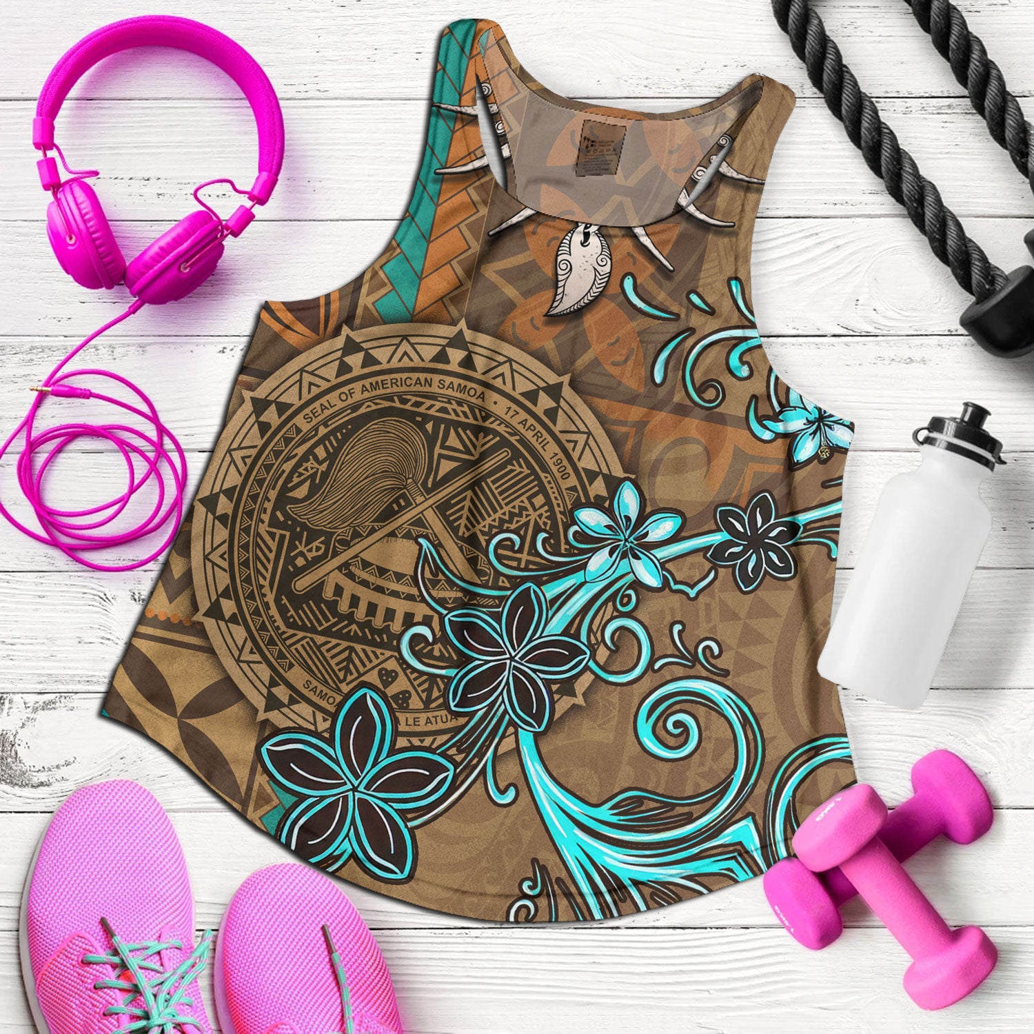 American Samoa Women Tank Polynesian Pattern Motif And Teal Boar Tusk