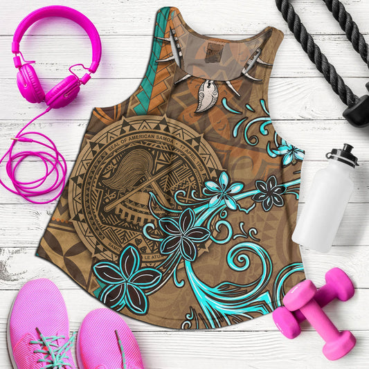 American Samoa Women Tank Polynesian Pattern Motif And Teal Boar Tusk