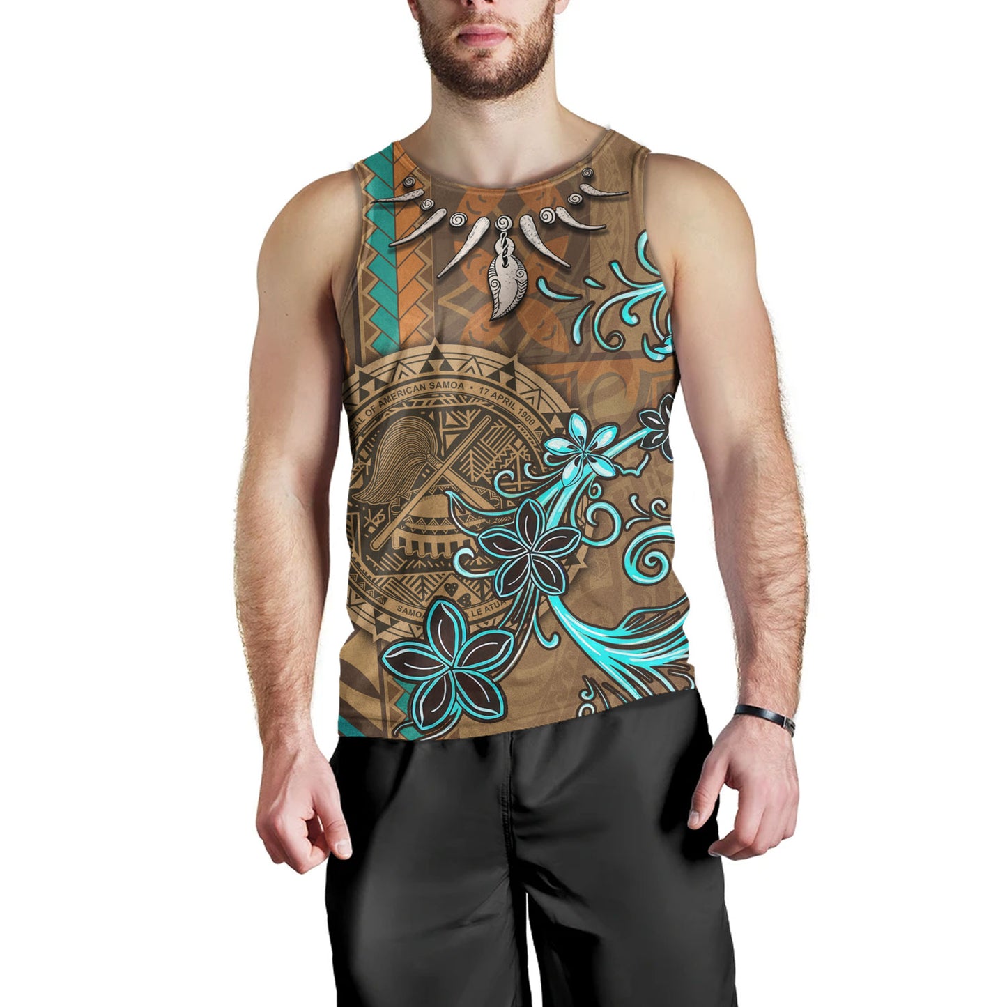 American Samoa Tank Top Polynesian Pattern Motif And Teal Boar Tusk