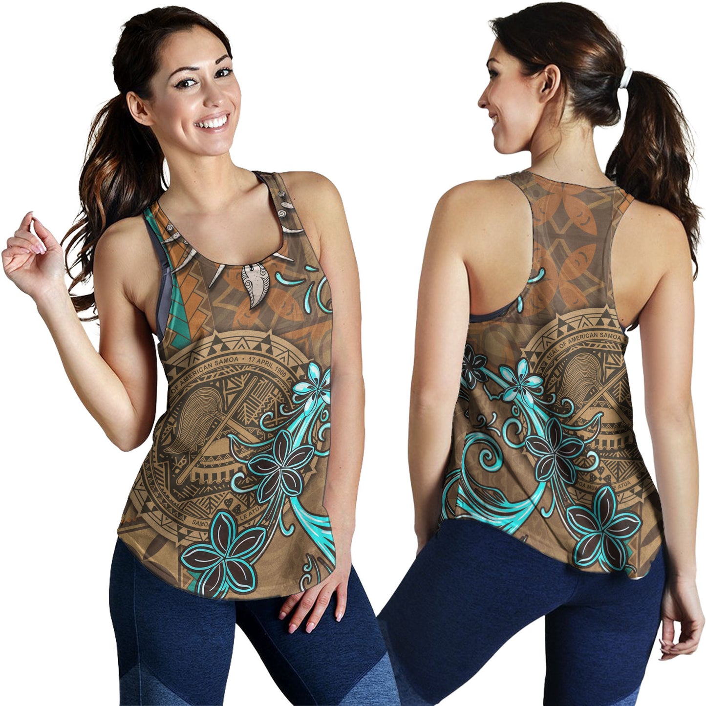 American Samoa Women Tank Polynesian Pattern Motif And Teal Boar Tusk