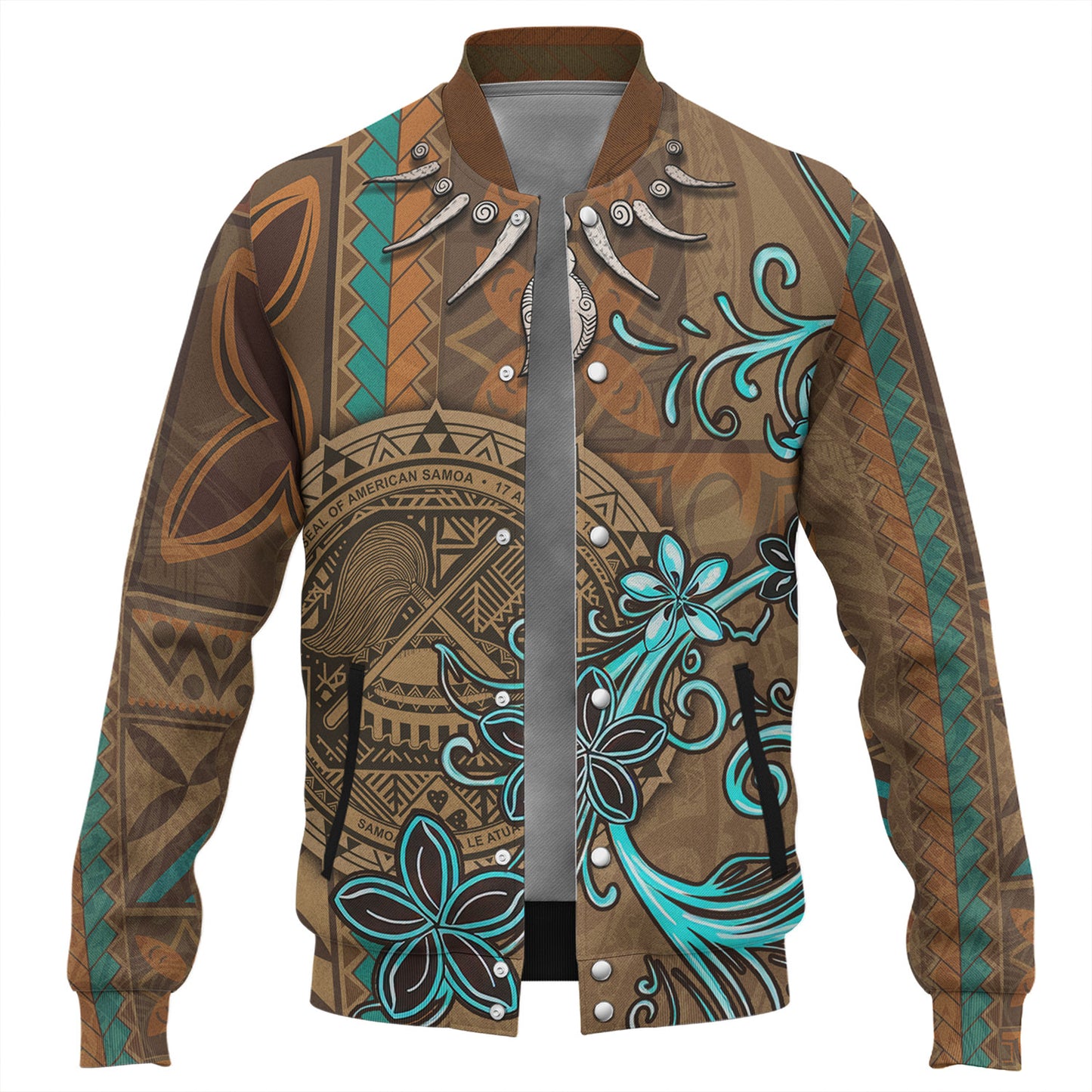 American Samoa Baseball Jacket Polynesian Pattern Motif And Teal Boar Tusk