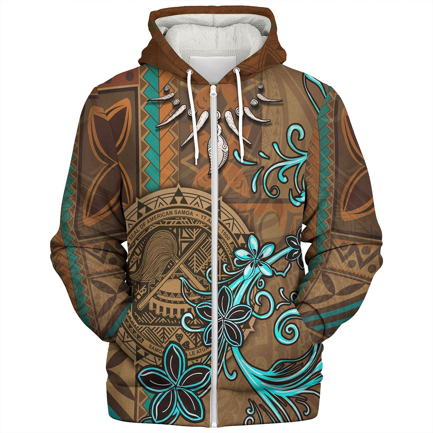 American Samoa Sherpa Hoodie Polynesian Pattern Motif And Teal Boar Tusk