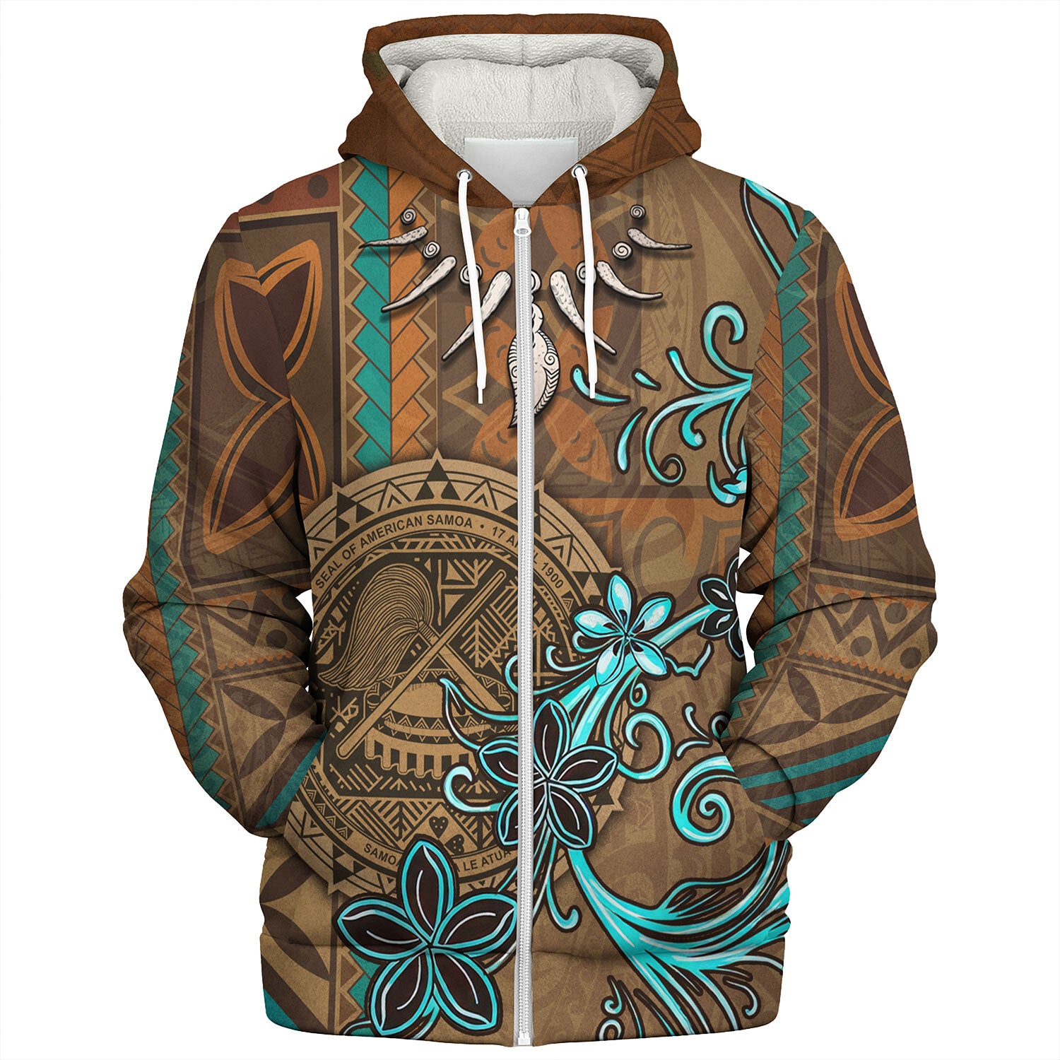 American Samoa Sherpa Hoodie Polynesian Pattern Motif And Teal Boar Tusk