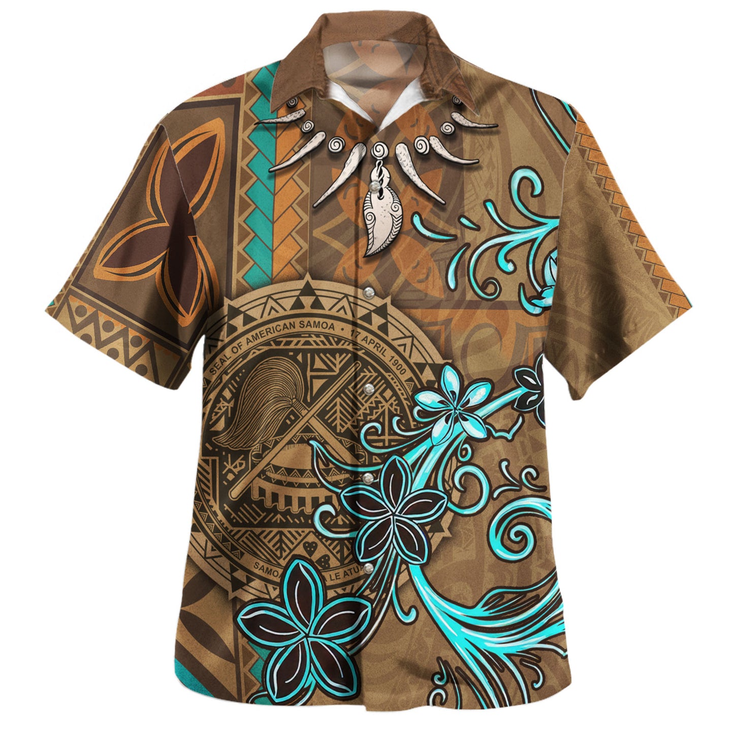 American Samoa Hawaiian Shirt Polynesian Pattern Motif And Teal Boar Tusk