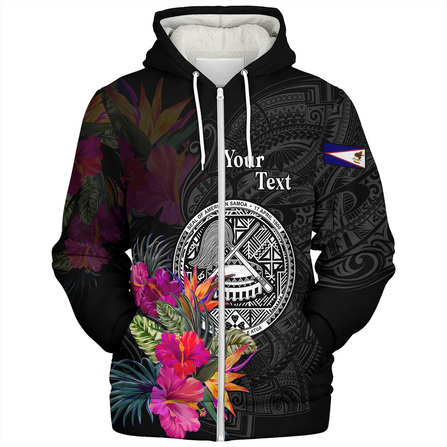 American Samoa Sherpa Hoodie Custom Polynesian Pattern Tropical Floral Design