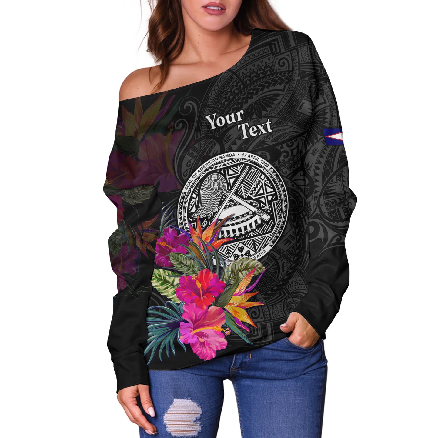 American Samoa Off Shoulder Sweatshirt Custom Polynesian Pattern Tropical Floral Design