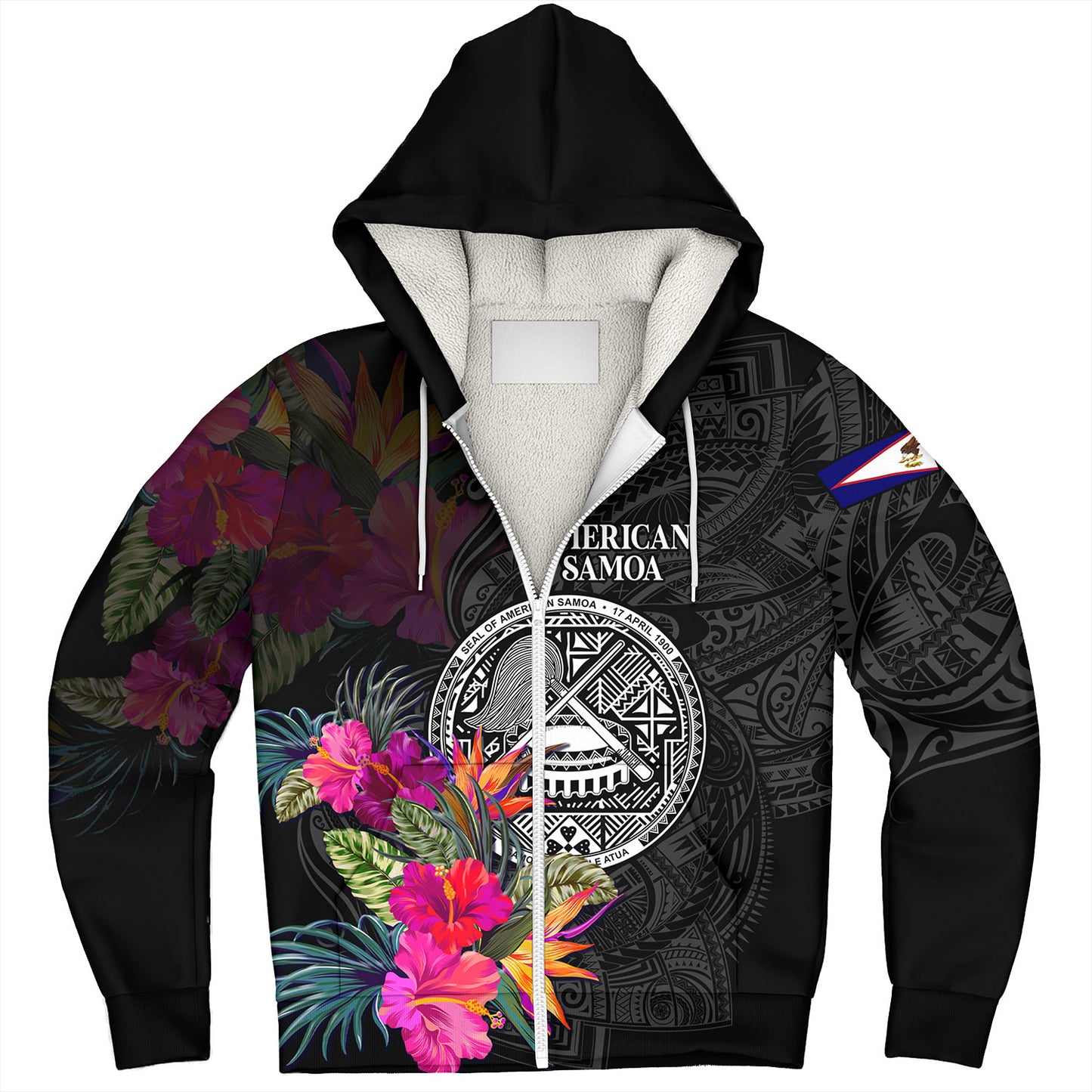 American Samoa Sherpa Hoodie Custom Polynesian Pattern Tropical Floral Design