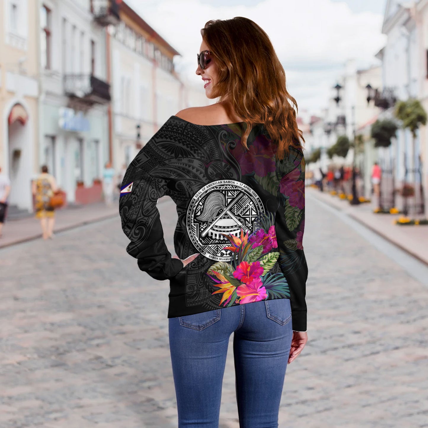 American Samoa Off Shoulder Sweatshirt Custom Polynesian Pattern Tropical Floral Design