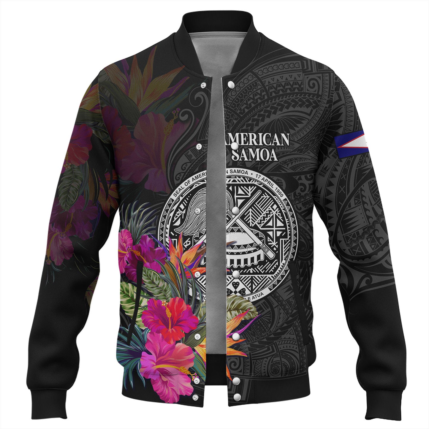 American Samoa Baseball Jacket Custom Polynesian Pattern Tropical Floral Design