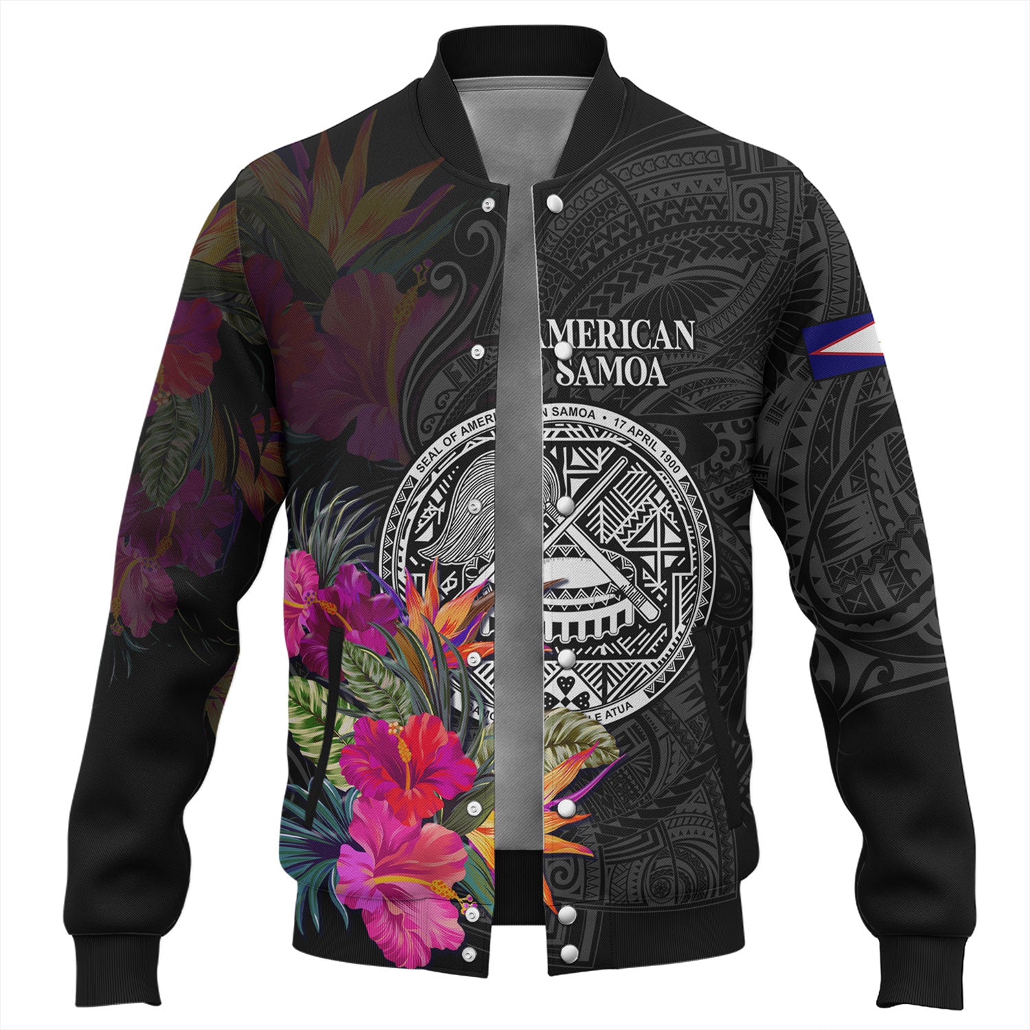 American Samoa Baseball Jacket Custom Polynesian Pattern Tropical Floral Design