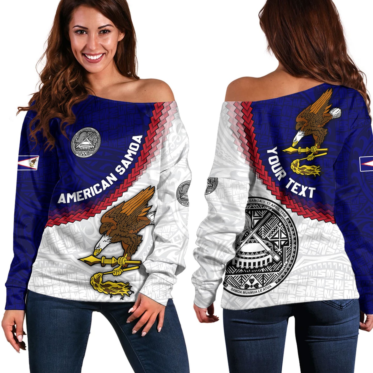 American Samoa Off Shoulder Sweatshirt Custom Polynesian Tradition Seal Flag Color