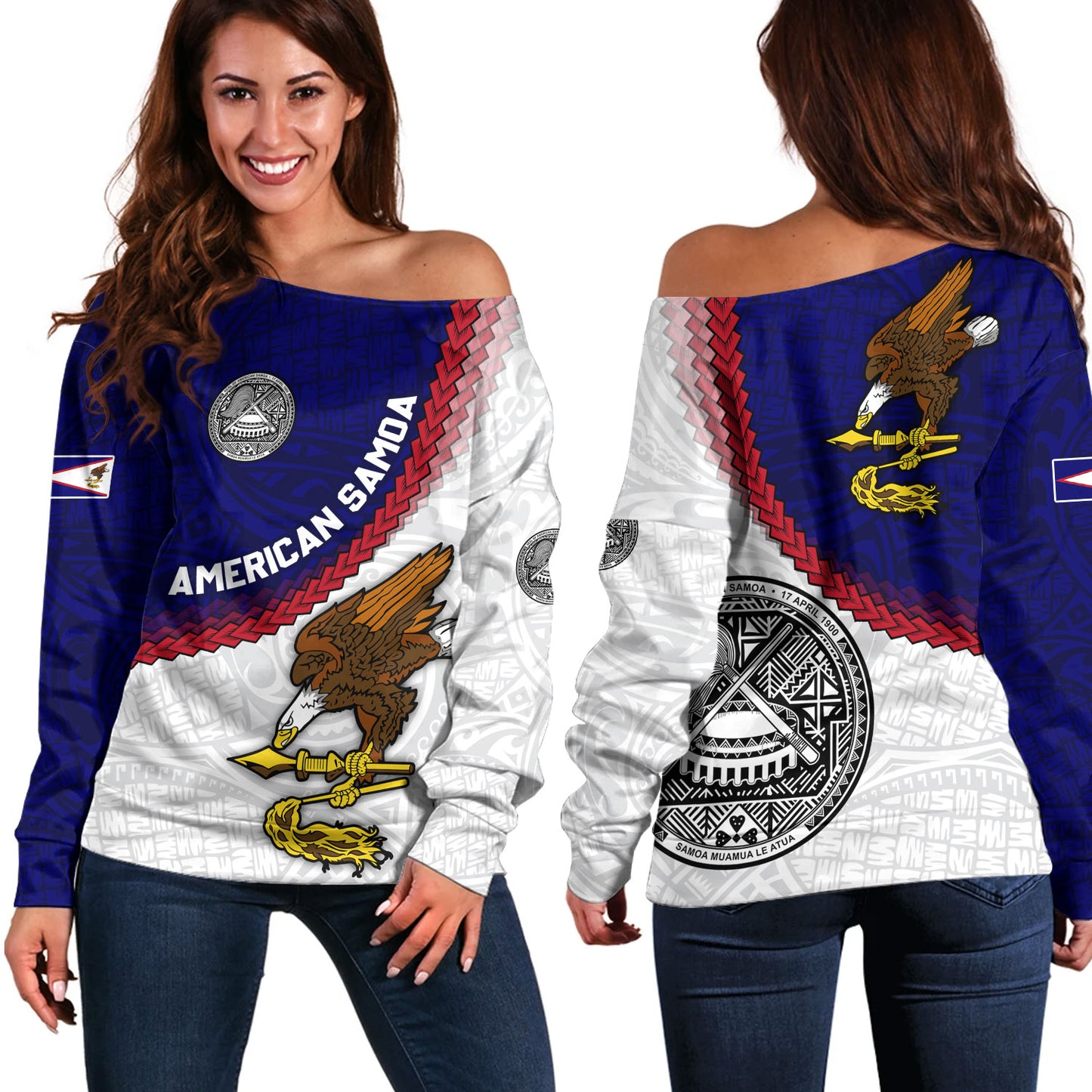 American Samoa Off Shoulder Sweatshirt Custom Polynesian Tradition Seal Flag Color