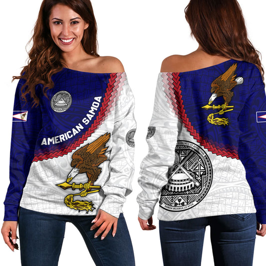 American Samoa Off Shoulder Sweatshirt Custom Polynesian Tradition Seal Flag Color
