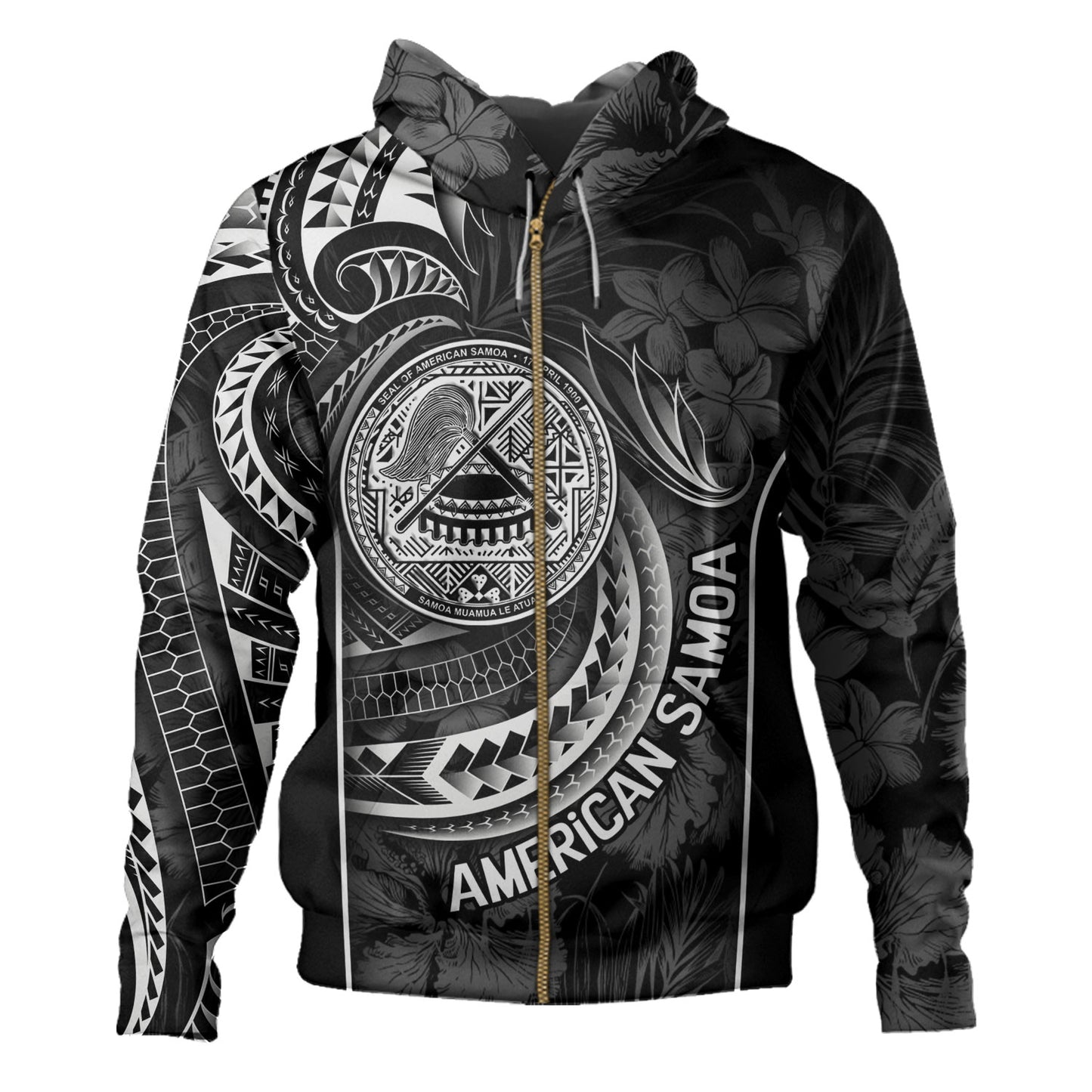 American Samoa Custom Personalised Hoodie Seal Tribal Patterns Tropical Flowers Curve Style