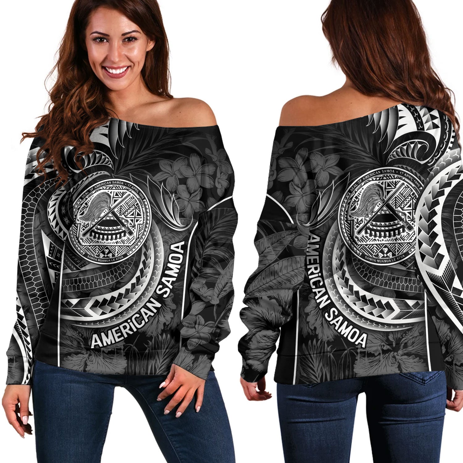 American Samoa Custom Personalised Off Shoulder Sweatshirt Seal Tribal Patterns Tropical Flowers Curve Style