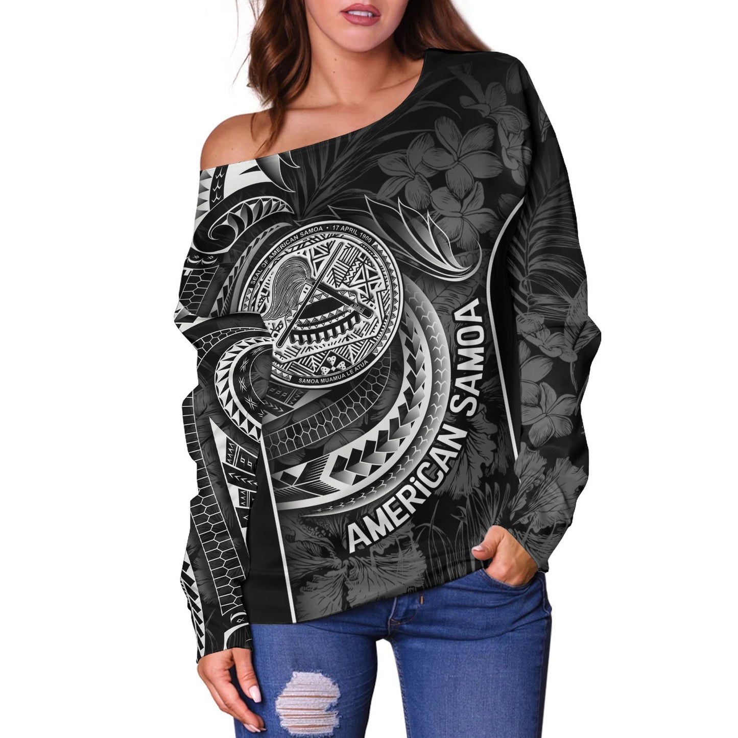 American Samoa Custom Personalised Off Shoulder Sweatshirt Seal Tribal Patterns Tropical Flowers Curve Style